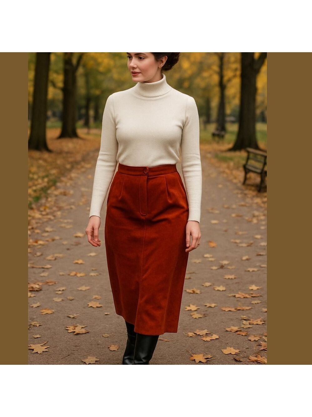 80s EAGLE EYE SUEDE RUST PENCIL MIDI COLUMN SKIRT W FRONT PLEAT & POCKETS SZ 8